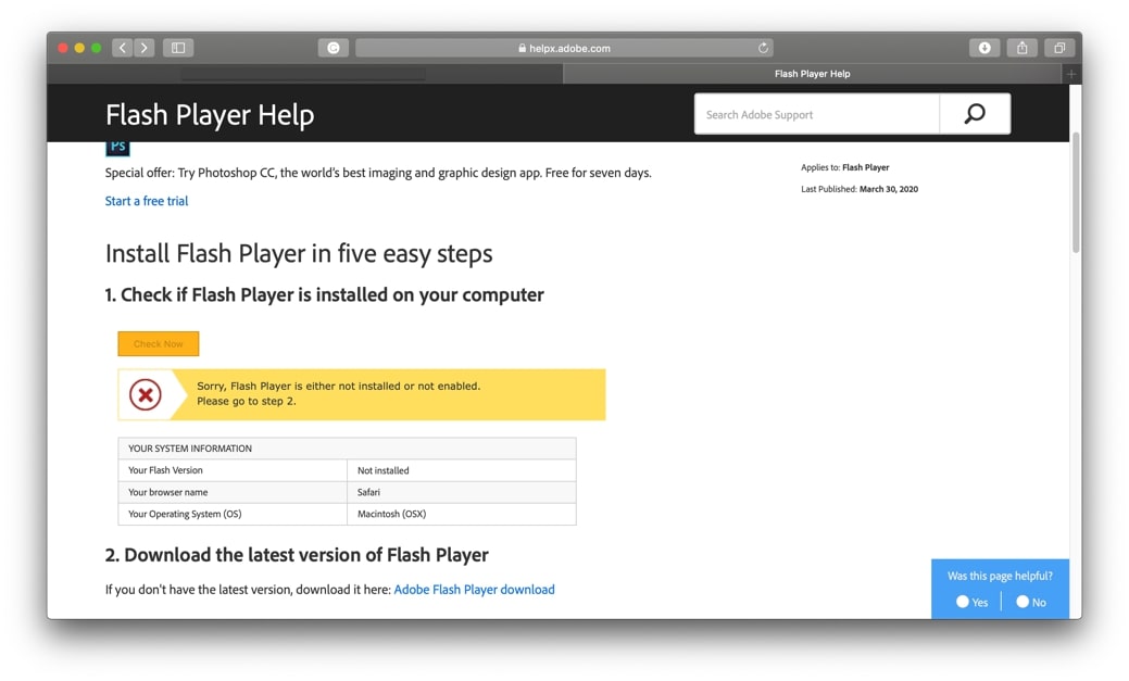 get adobe flash player to work for a website mac